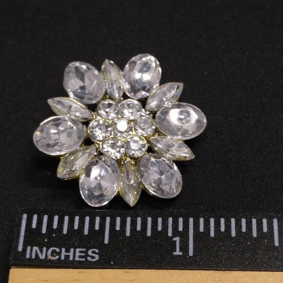 Small Vintage Clear Rhinestone Flower Brooch, Silver Tone, 1990s, 1 1/8 Inches - Picture 4 of 5